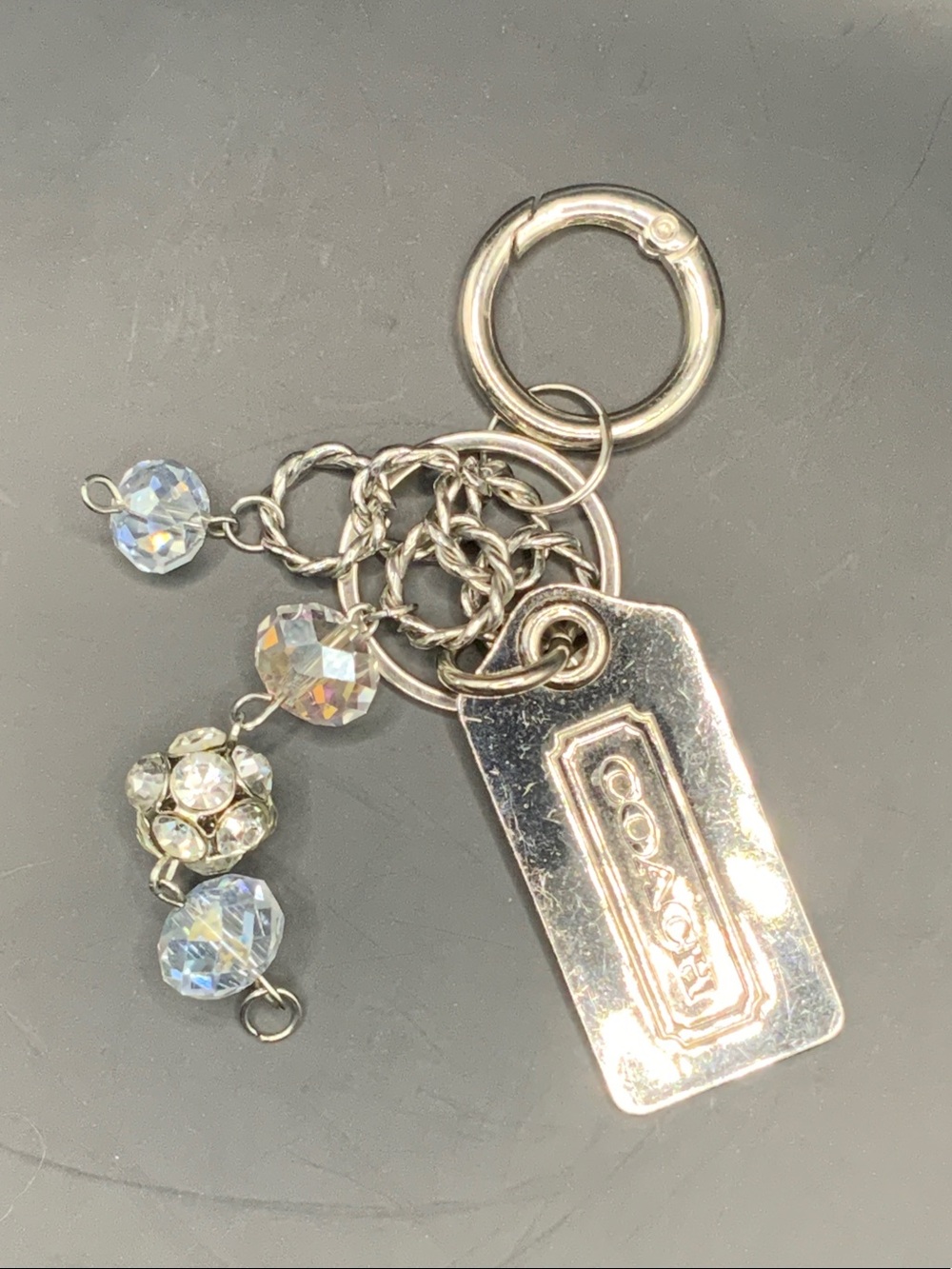 Coach Silver Crystal Tag Charm Keychain - Silver
